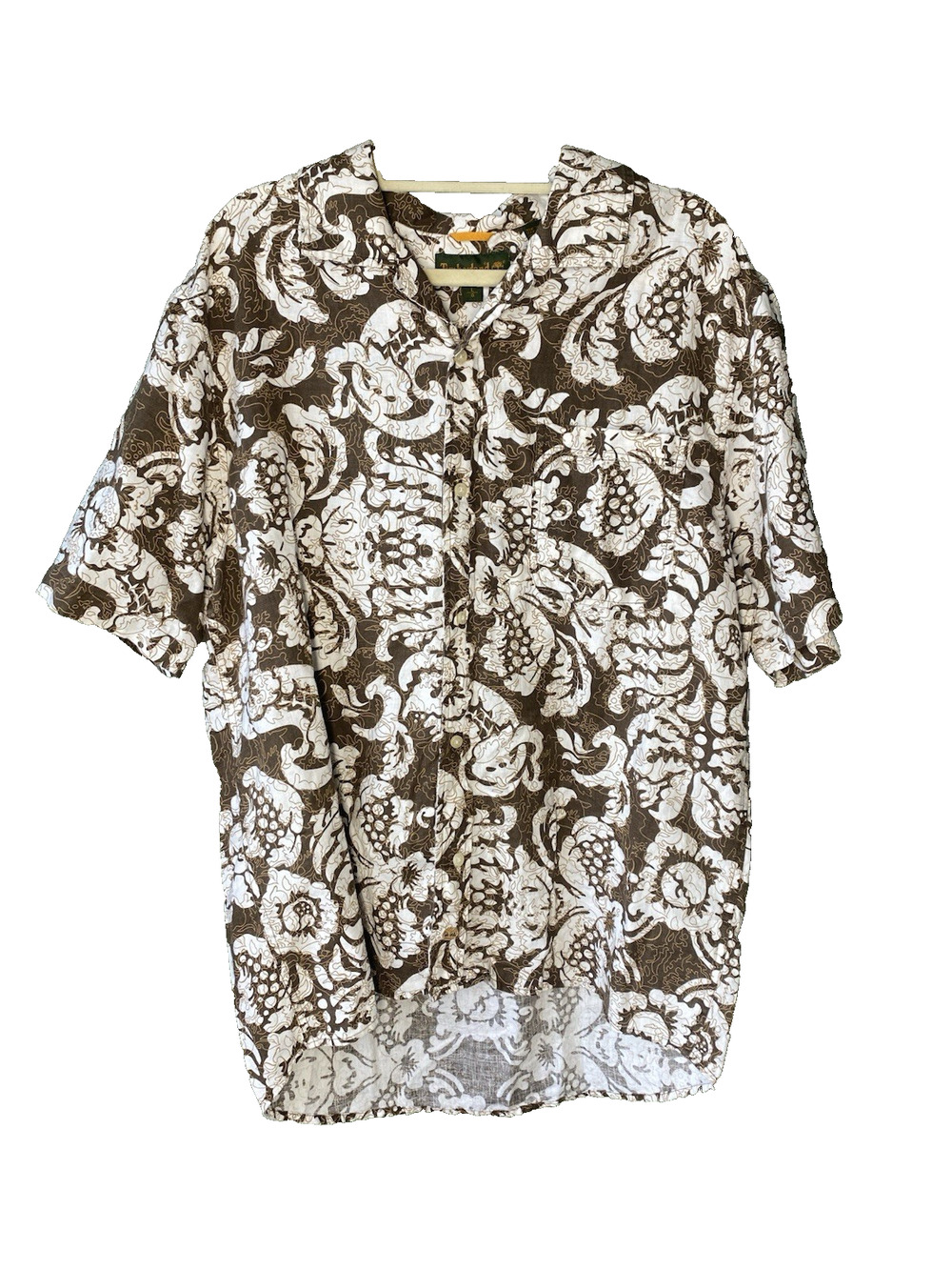 Timberland Shirt Mens Large 100% Linen Brown Floral Hawaiian Aloha Short Sleeve